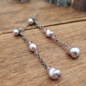 Elegant Silver Tone and Pink Pearl Drop Earrings E184